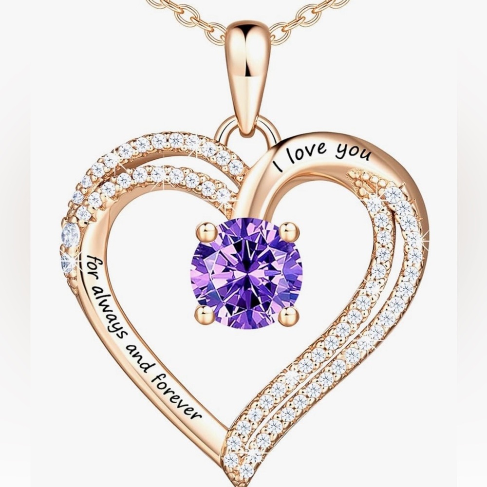 OR Old Rubin Purple & Clear CZ Double Heart Pendant 18k Rose Gold Necklace